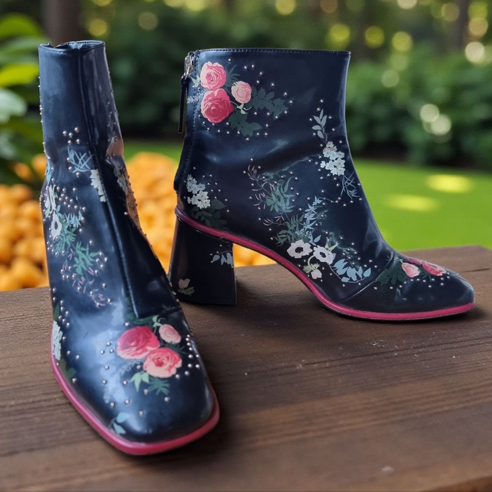 Zara Woman Floral Studded Patent Block Heels Bootie Red & Black Size EU 39